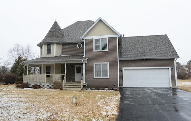 victorian house featuring a garage, roof with shingles, a porch, and driveway