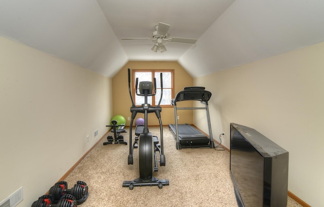 exercise room with visible vents, baseboards, carpet flooring, lofted ceiling, and ceiling fan