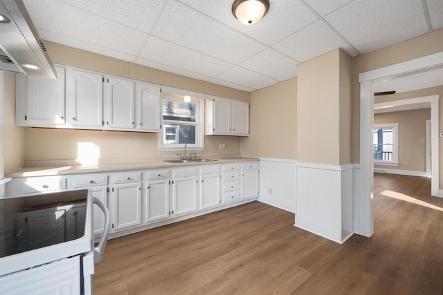 kitchen with white electric range, light wood-style floors, white cabinets, and a sink