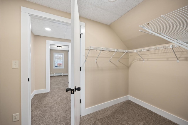 walk in closet featuring carpet and baseboard heating