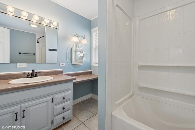 full bathroom with tile patterned floors, washtub / shower combination, and vanity