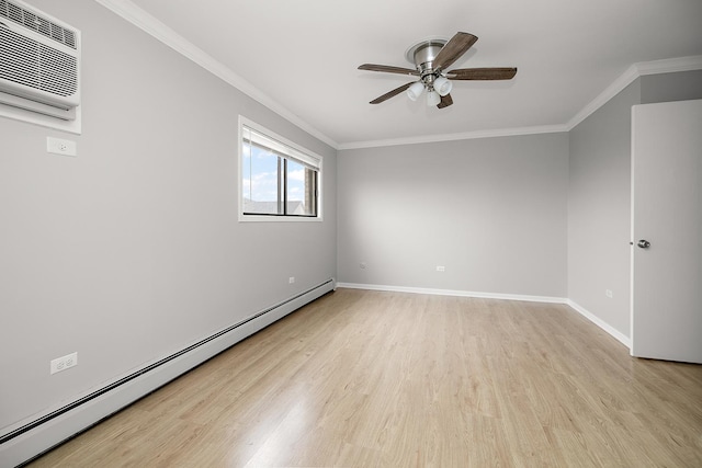 unfurnished room featuring a baseboard heating unit, a wall mounted AC, light wood-style flooring, ceiling fan, and crown molding