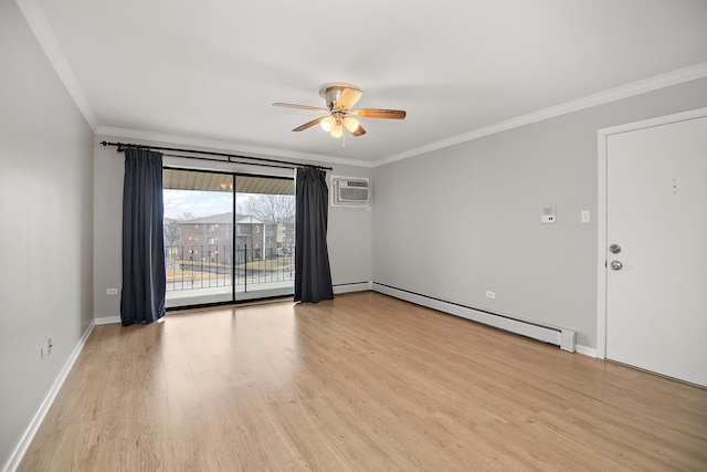 empty room with a baseboard radiator, a ceiling fan, wood finished floors, crown molding, and a wall mounted air conditioner