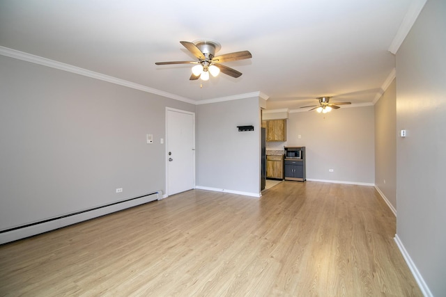 unfurnished living room with a ceiling fan, baseboard heating, light wood-style floors, crown molding, and baseboards