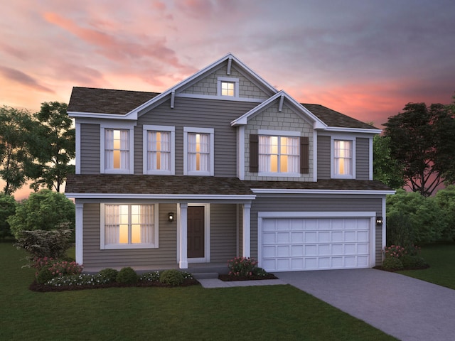 view of front of house featuring a garage, concrete driveway, roof with shingles, and a lawn