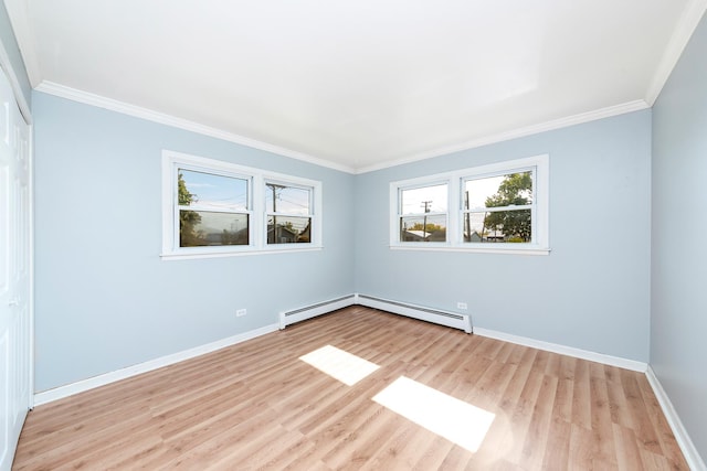 unfurnished room featuring a baseboard radiator, baseboards, light wood-style flooring, and crown molding