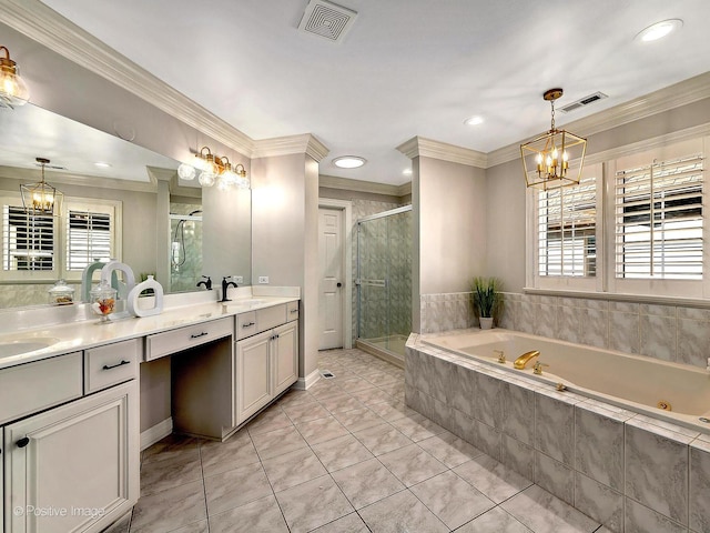 bathroom featuring an inviting chandelier, crown molding, visible vents, and a shower stall