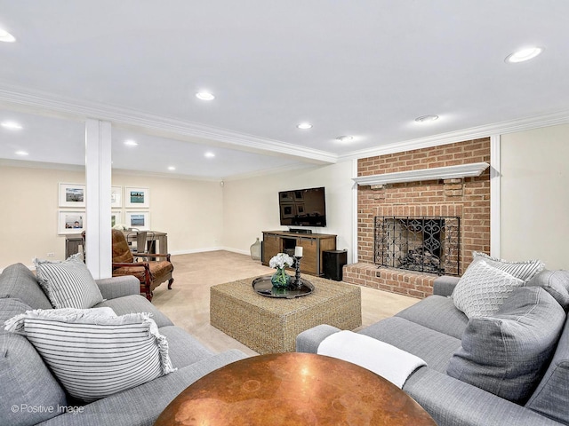 living room featuring recessed lighting, crown molding, baseboards, light colored carpet, and a brick fireplace