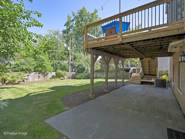 view of patio / terrace featuring visible vents, a deck, fence, cooling unit, and stairway