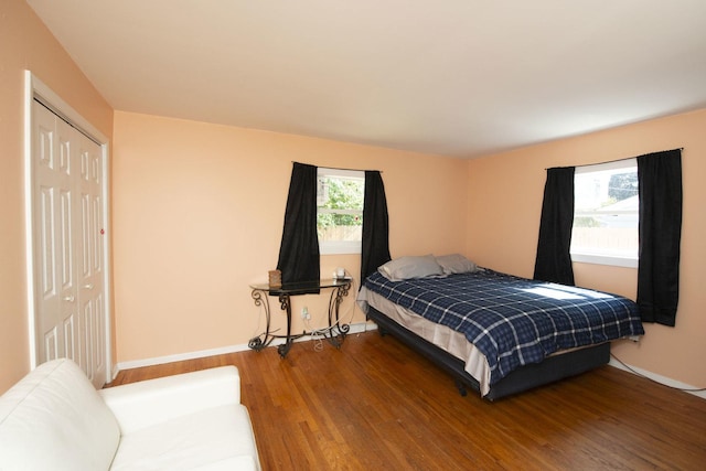 bedroom featuring a closet, multiple windows, wood finished floors, and baseboards