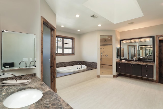 full bath featuring visible vents, a stall shower, recessed lighting, a bath, and vanity