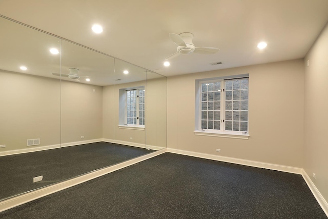 unfurnished room featuring visible vents, recessed lighting, baseboards, and a ceiling fan