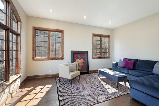 living area featuring wood finished floors, baseboards, and a healthy amount of sunlight