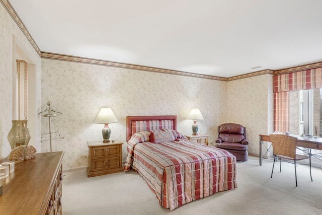 bedroom with carpet flooring, wallpapered walls, and crown molding