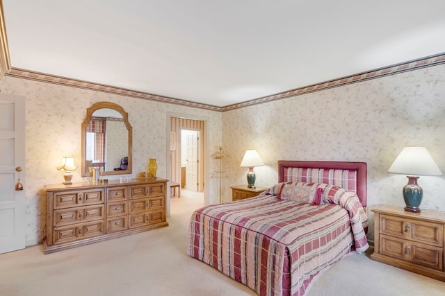 carpeted bedroom with wallpapered walls