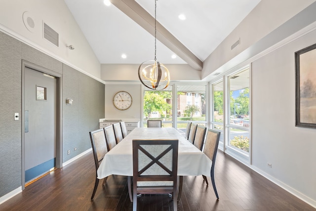 dining room with vaulted ceiling with beams, dark wood-style floors, baseboards, and a chandelier