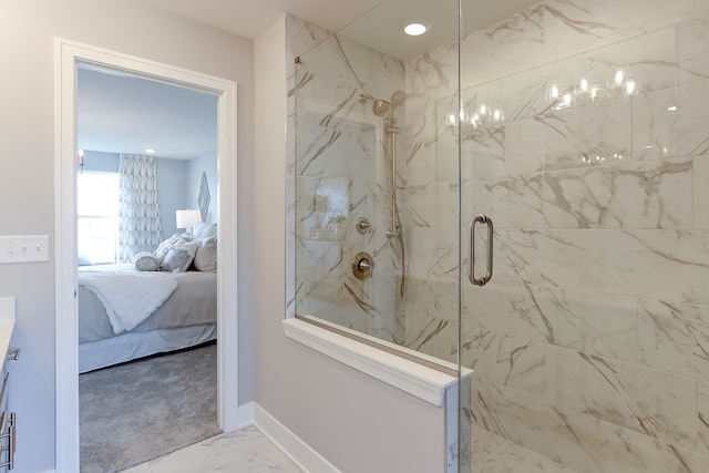 full bath featuring marble finish floor, a marble finish shower, recessed lighting, ensuite bathroom, and baseboards