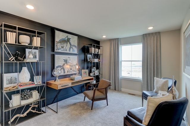 carpeted home office featuring baseboards, visible vents, and recessed lighting