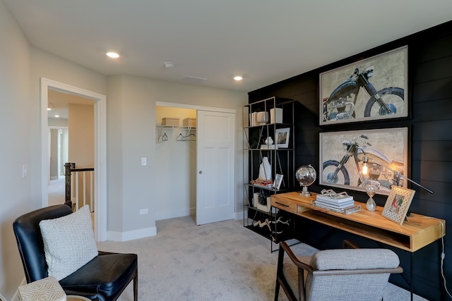 office with recessed lighting, light colored carpet, and baseboards