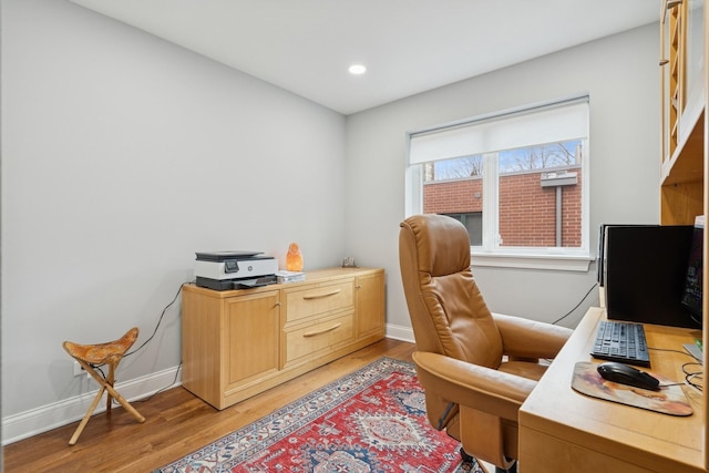 office with recessed lighting, baseboards, and light wood finished floors