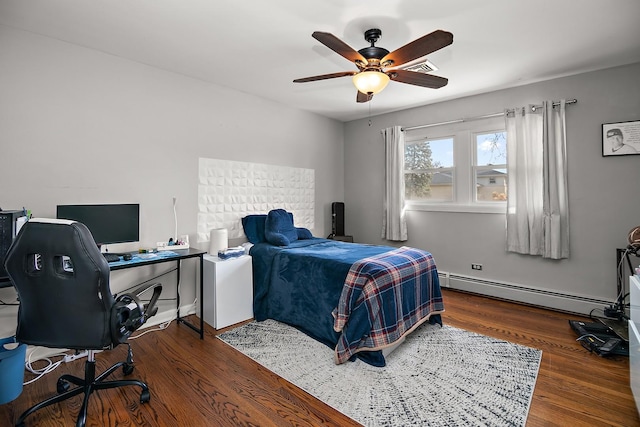 bedroom with wood finished floors, ceiling fan, and a baseboard radiator