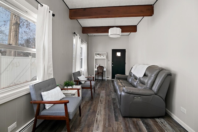 living room featuring beamed ceiling, dark wood-type flooring, a baseboard heating unit, a baseboard radiator, and baseboards