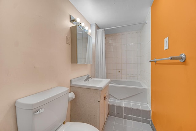 bathroom with shower / bath combination with curtain, vanity, toilet, and tile patterned floors