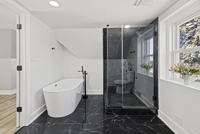 full bath with a freestanding tub, baseboards, a marble finish shower, and marble finish floor