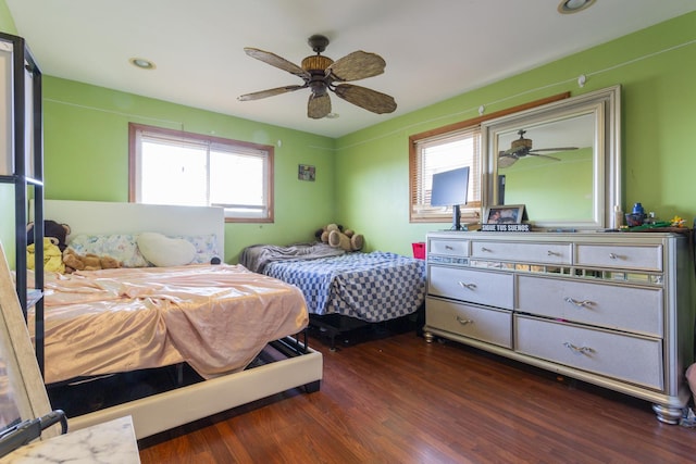 bedroom featuring recessed lighting, a ceiling fan, and wood finished floors