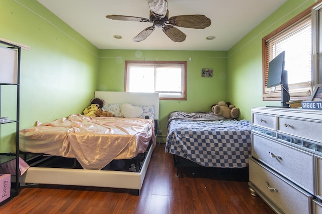 bedroom featuring dark wood finished floors, recessed lighting, and ceiling fan