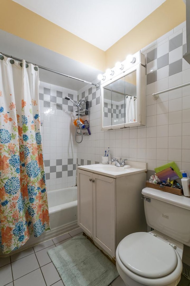 full bathroom with shower / bathtub combination with curtain, tile walls, tile patterned flooring, decorative backsplash, and vanity