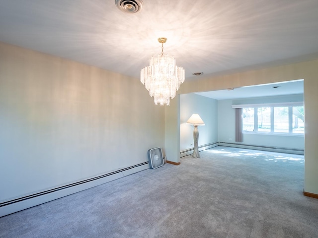 unfurnished room with carpet floors, visible vents, baseboard heating, and an inviting chandelier