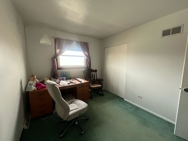 carpeted home office with visible vents and baseboards