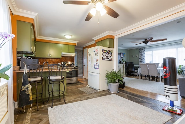 kitchen with under cabinet range hood, gas range, green cabinets, and freestanding refrigerator