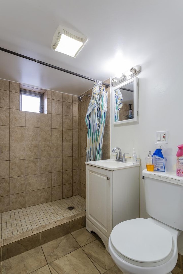 bathroom with a stall shower, toilet, and vanity