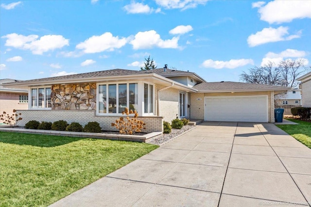 single story home with brick siding, a garage, driveway, and a front lawn