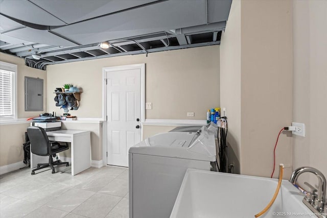 laundry area with washer and dryer, electric panel, a sink, baseboards, and laundry area