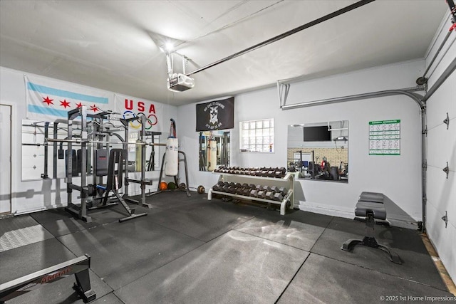 gym featuring a garage