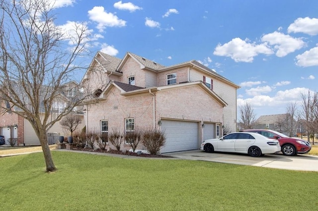 view of side of property featuring brick siding, a lawn, and concrete driveway