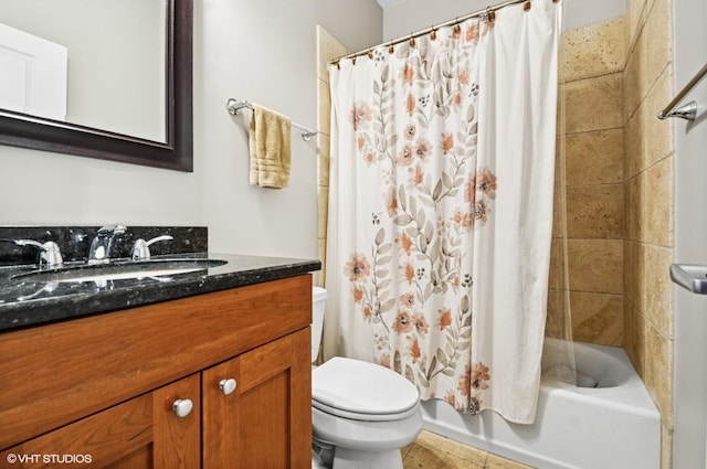 full bath featuring toilet, vanity, and shower / bath combination with curtain