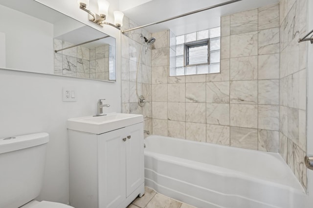 bathroom with shower / bathing tub combination, toilet, vanity, and tile patterned flooring