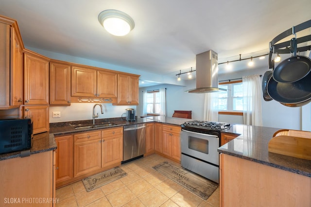 kitchen with a healthy amount of sunlight, island exhaust hood, stainless steel appliances, and a sink