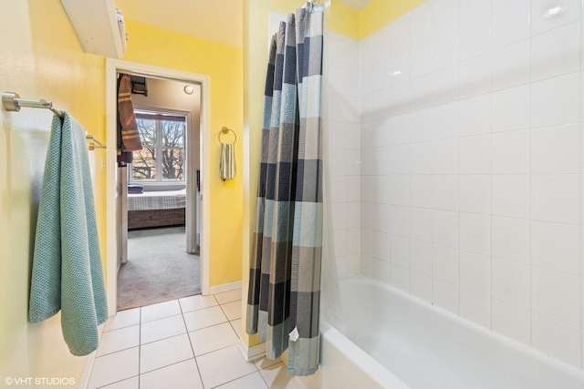 full bathroom with tile patterned floors and shower / bathtub combination with curtain