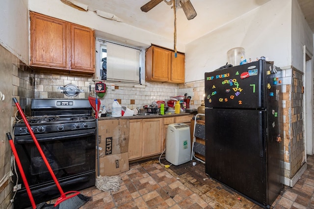 kitchen with brown cabinets, black appliances, decorative backsplash, and a ceiling fan