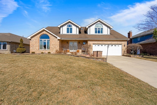 view of front facade with a front lawn, a garage, brick siding, and driveway