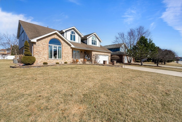 view of front of property featuring a front lawn, a garage, brick siding, and driveway