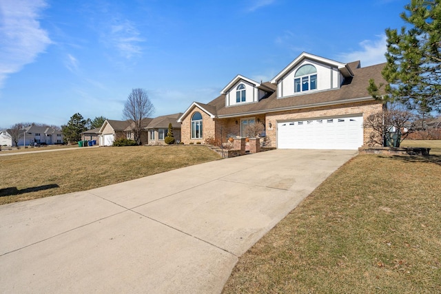 view of front of property with a front yard, concrete driveway, and brick siding