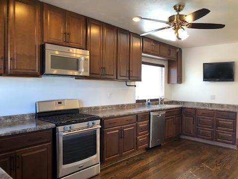 kitchen with dark wood finished floors, dark countertops, appliances with stainless steel finishes, a sink, and ceiling fan