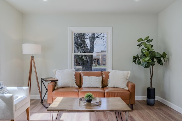 living room with light wood-type flooring and baseboards