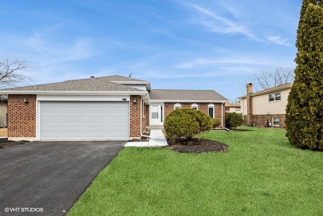 ranch-style house featuring aphalt driveway, an attached garage, brick siding, roof with shingles, and a front lawn